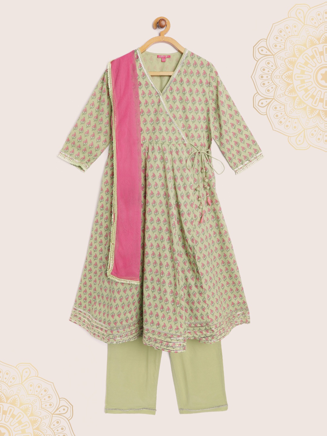 

Biba Girls Green & Pink Ethnic Motifs Print Pure Cotton Kurta with Trousers & Dupatta