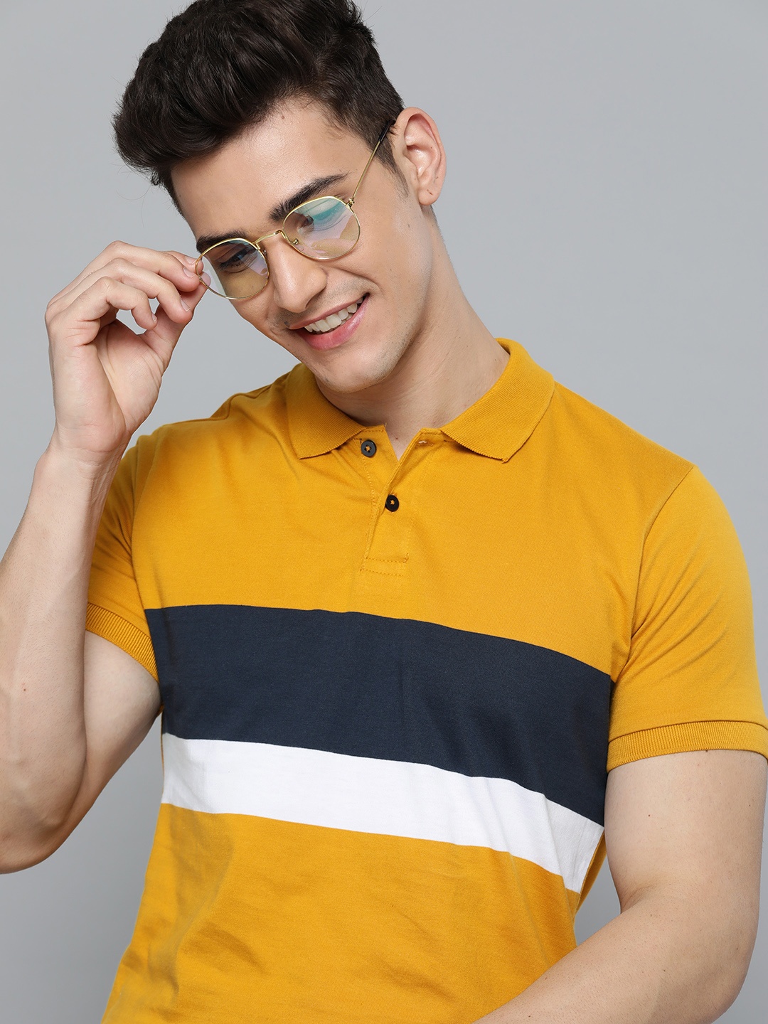 

Mast & Harbour Men Mustard Yellow Colourblocked Polo Collar Pure Cotton T-shirt