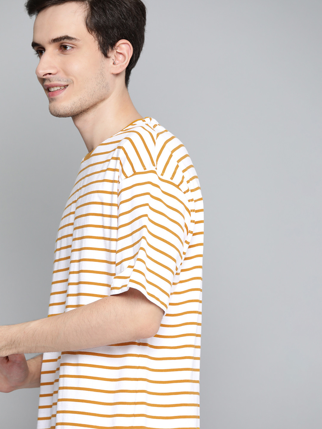

Mast & Harbour Men Mustard Yellow & White Striped Extended Sleeves Pure Cotton T-shirt