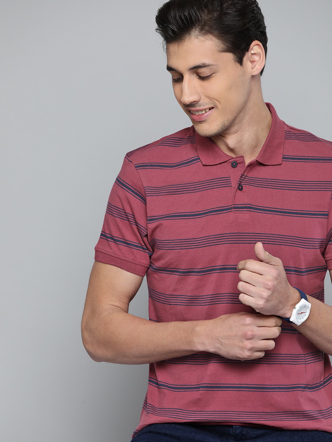 

Mast & Harbour Men Pink & Navy Blue Striped Pure Cotton Polo Collar T-shirt