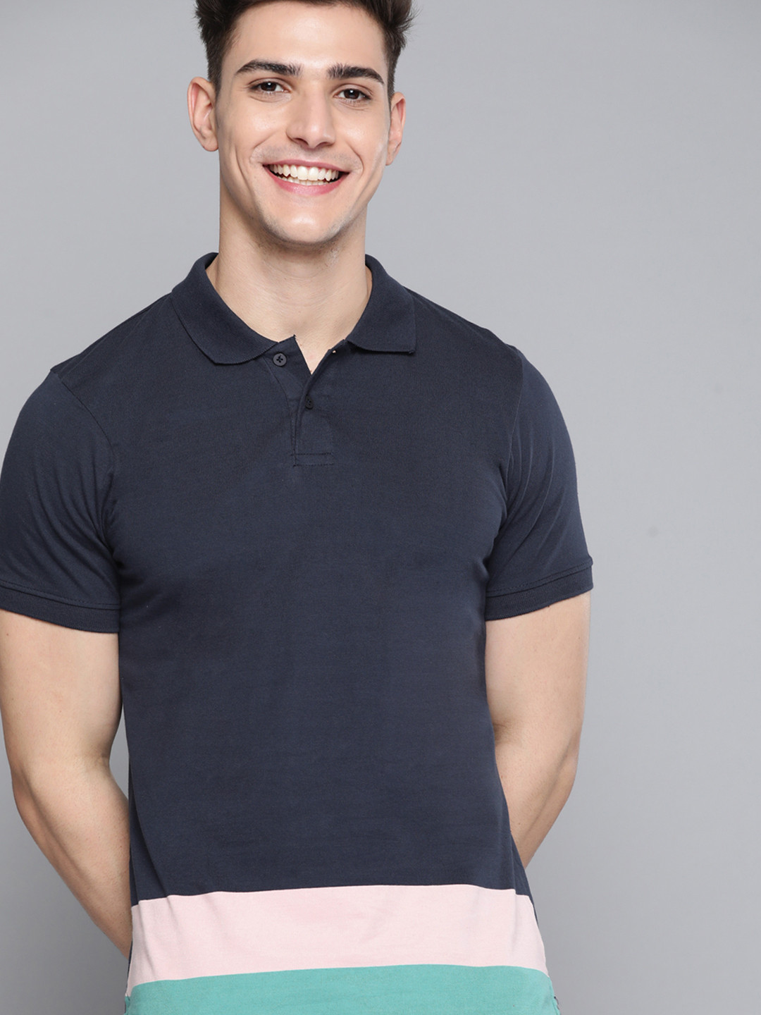 

Mast & Harbour Men Navy Blue & Pink Colourblocked Pure Cotton Polo Collar T-shirt