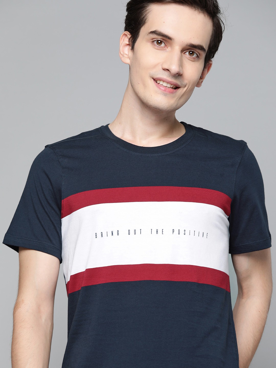 

Mast & Harbour Men Navy Blue & White Typography Printed Pure Cotton T-shirt