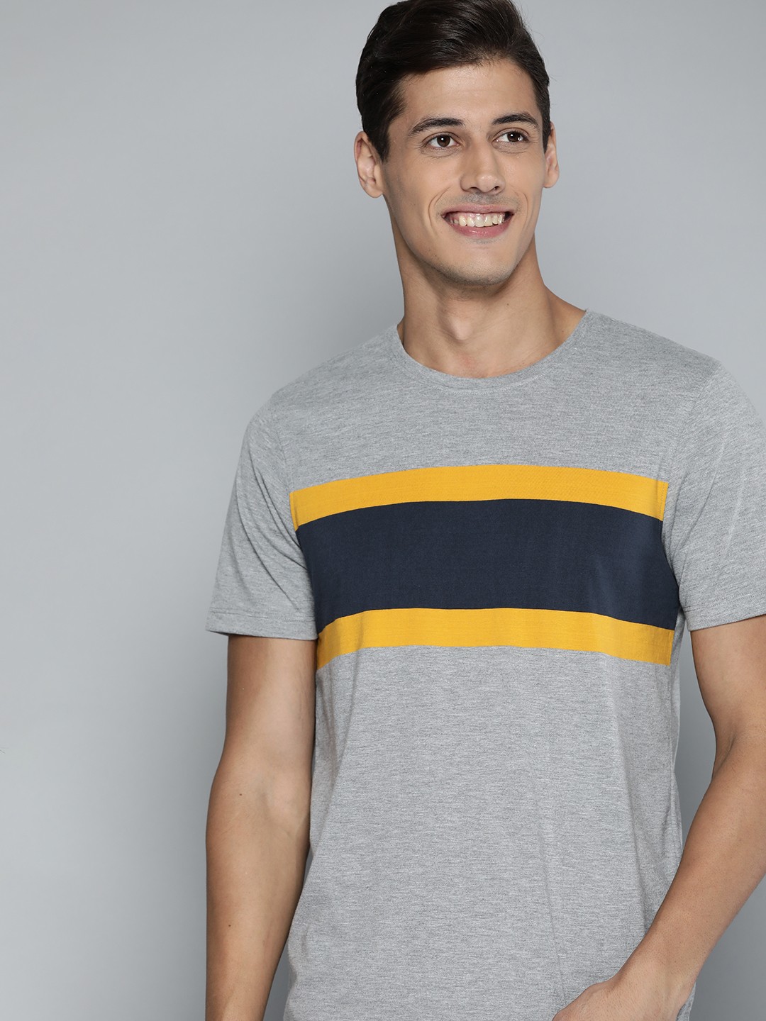 

Mast Harbour Men Grey Melange Navy Blue Pure Cotton Striped Pure Cotton T-shirt