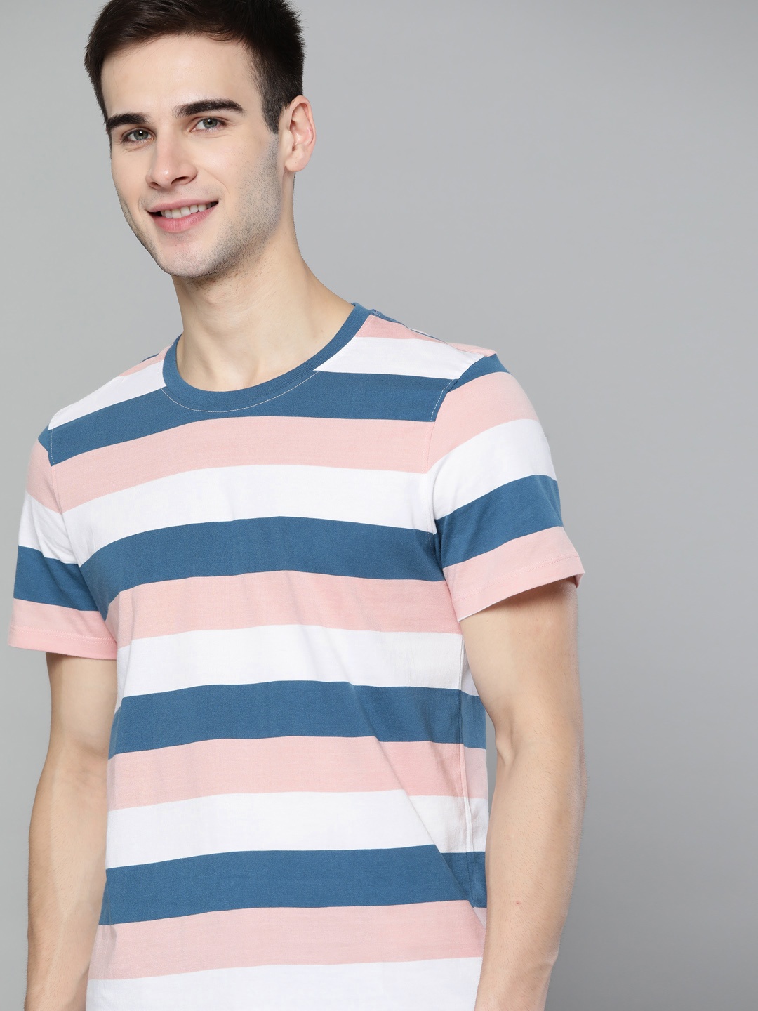 

Mast & Harbour Men Pink & Blue Pure Cotton Wardrobe Essentials Striped T-shirt