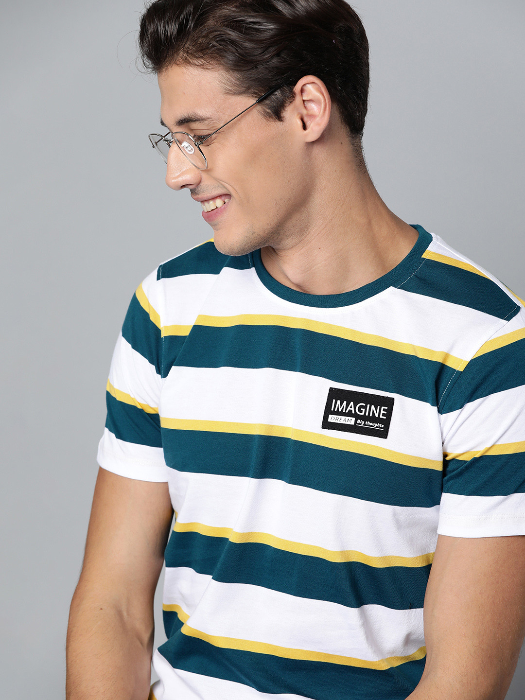 

Mast Harbour Men Teal Blue White Pure Cotton Striped Pure Cotton T-shirt