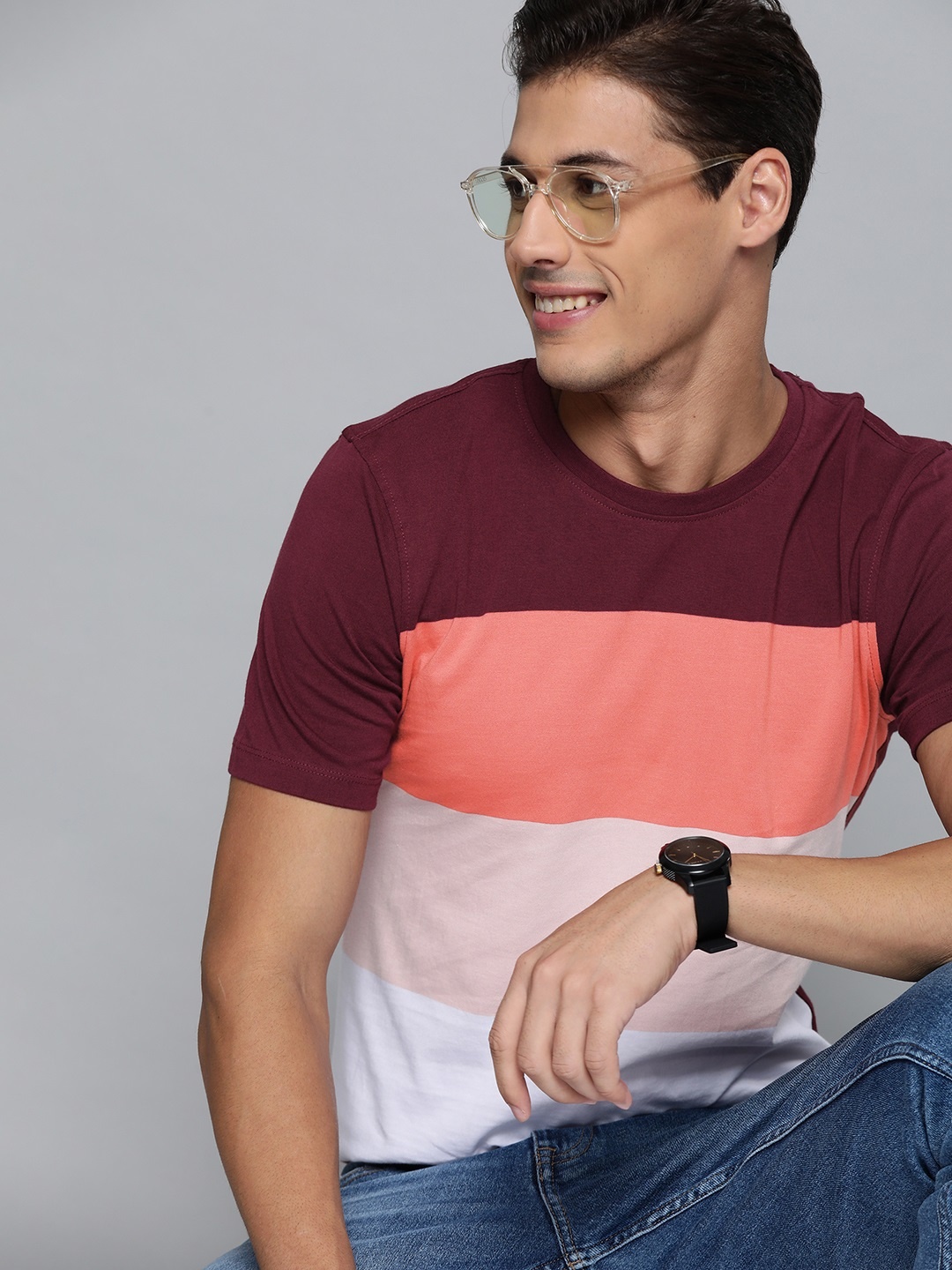 

Mast & Harbour Men Maroon & Pink Pure Cotton Colourblocked Wardrobe Essentials T-shirt