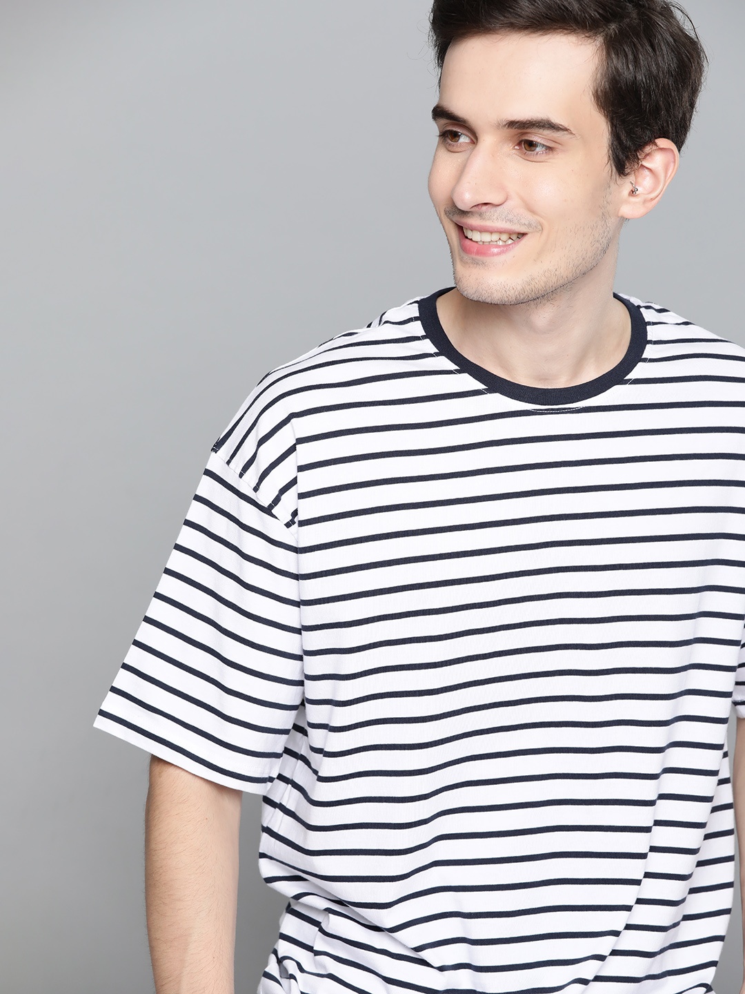 

Mast & Harbour Men White & Navy Blue Striped Extended Sleeves Pure Cotton T-shirt