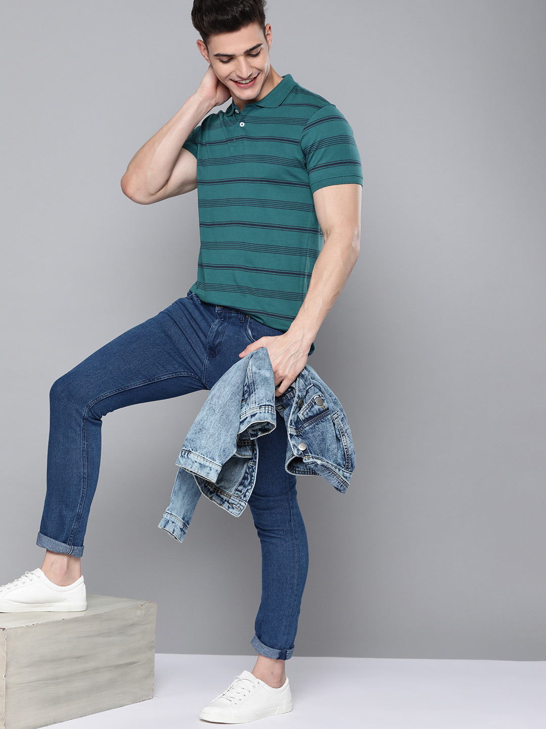 

Mast & Harbour Men Teal Green & Navy Blue Striped Pure Cotton Polo Collar T-shirt