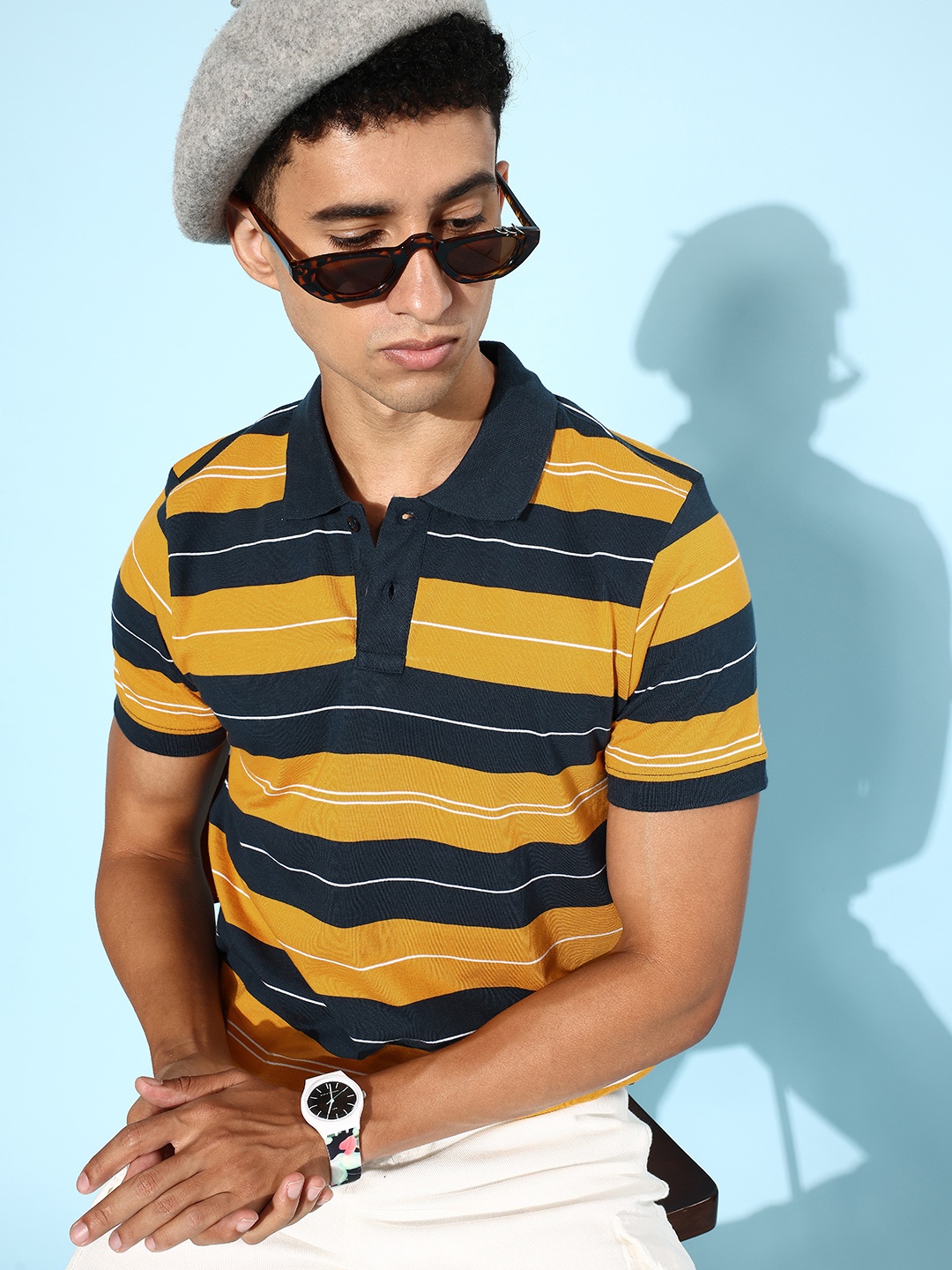 

Mast & Harbour Men Yellow Striped Playful Striped Tee Tshirt