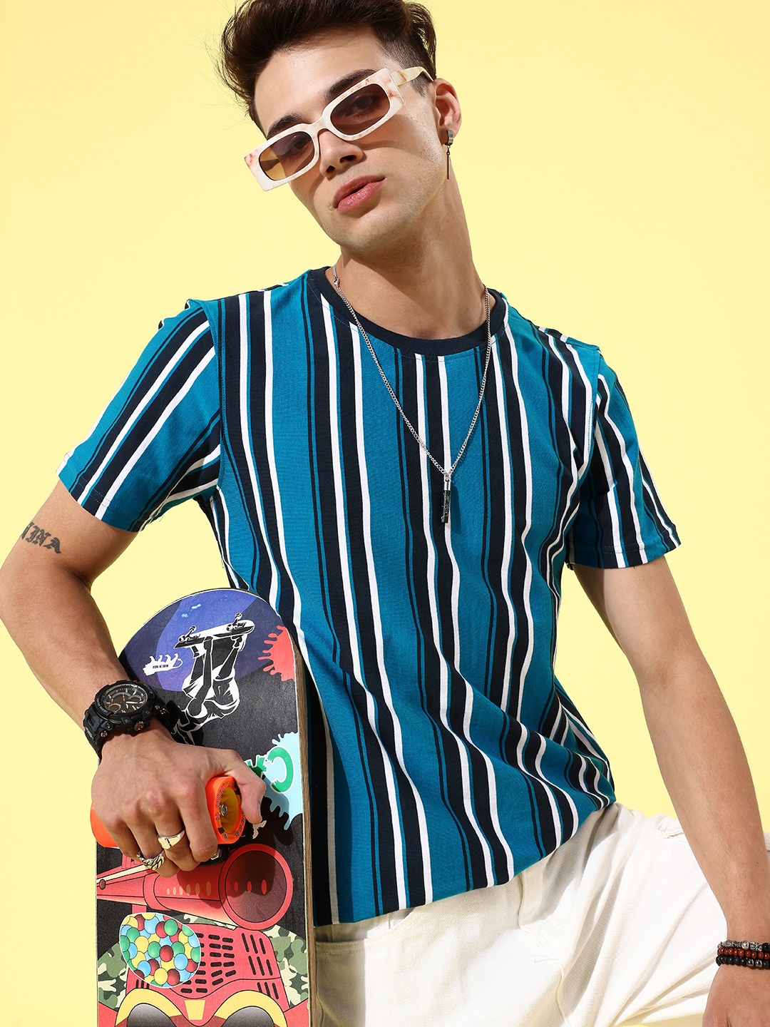 

Mast Harbour Men Blue White Pure Cotton Striped Pure Cotton T-shirt