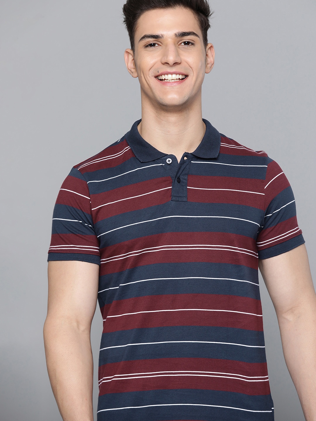 

Mast & Harbour Men Navy Blue & Maroon Striped Polo Collar Pure Cotton T-shirt