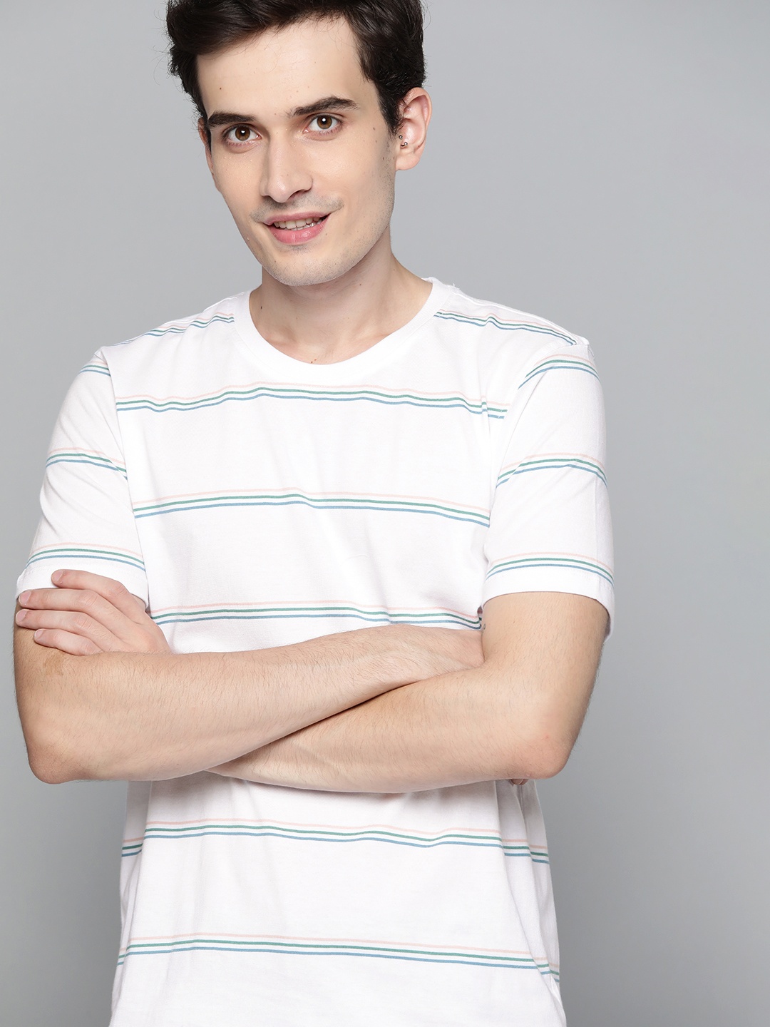 

MH Easy Men White Green Pure Cotton Sustainable Striped Pure Cotton T-shirt