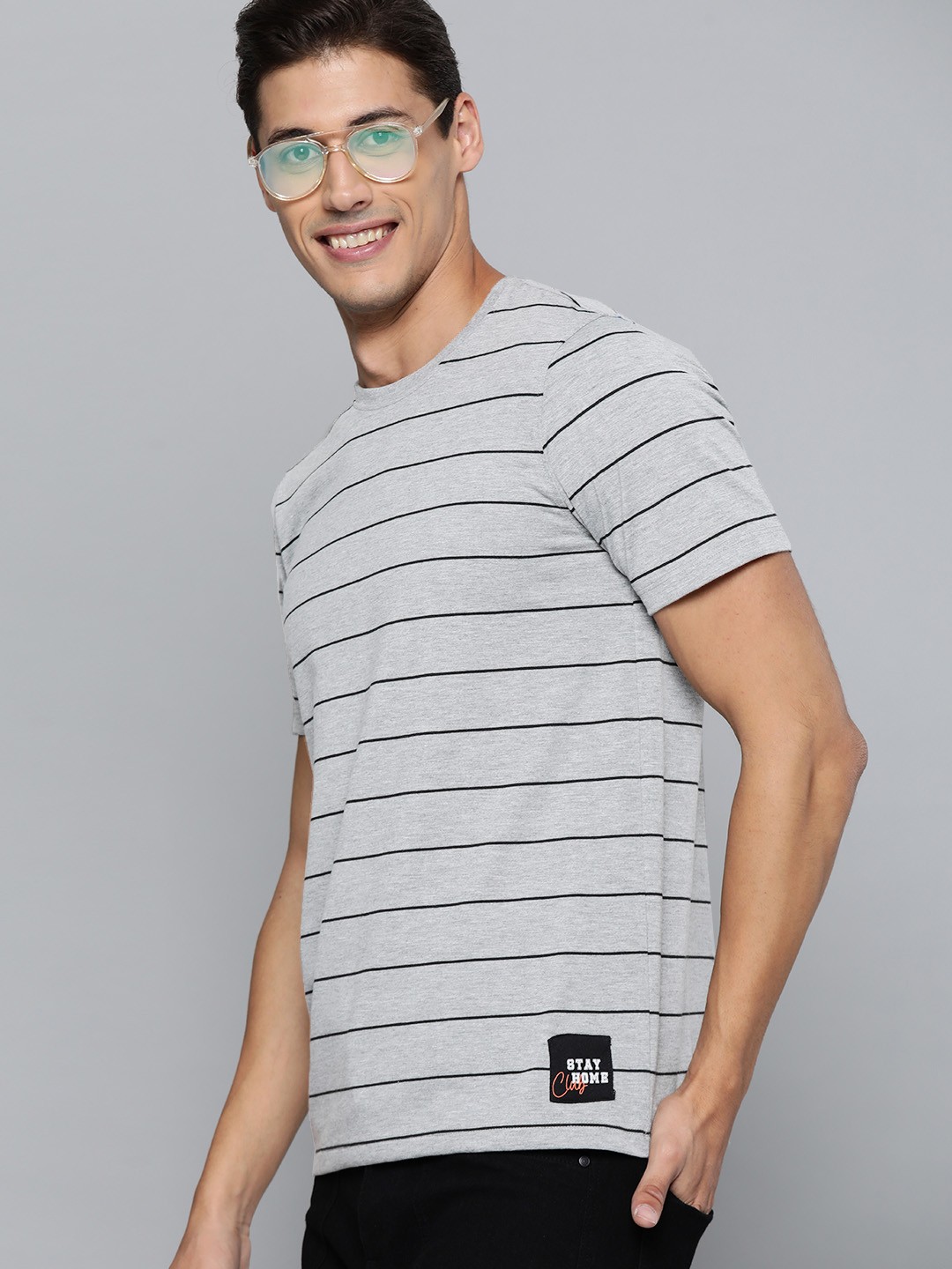 

M&H Easy Men Grey Melange & Black Striped Cotton T-shirt