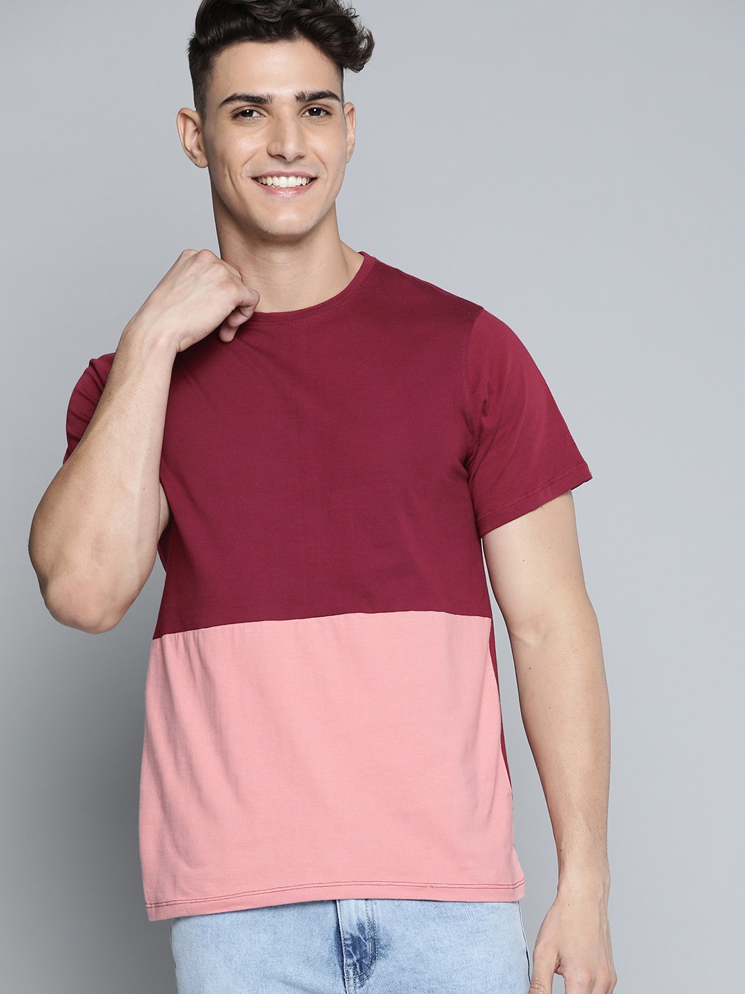 

Mast & Harbour Men Maroon & Peach-Coloured Pure Cotton Colourblocked T-shirt