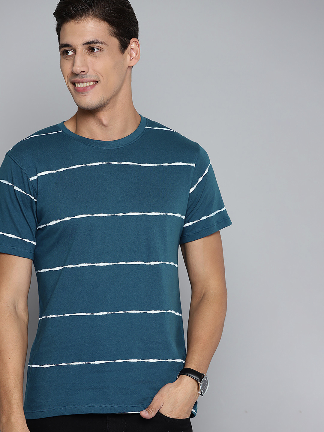 

Mast & Harbour Men Teal Blue & White Pure Cotton Striped T-shirt