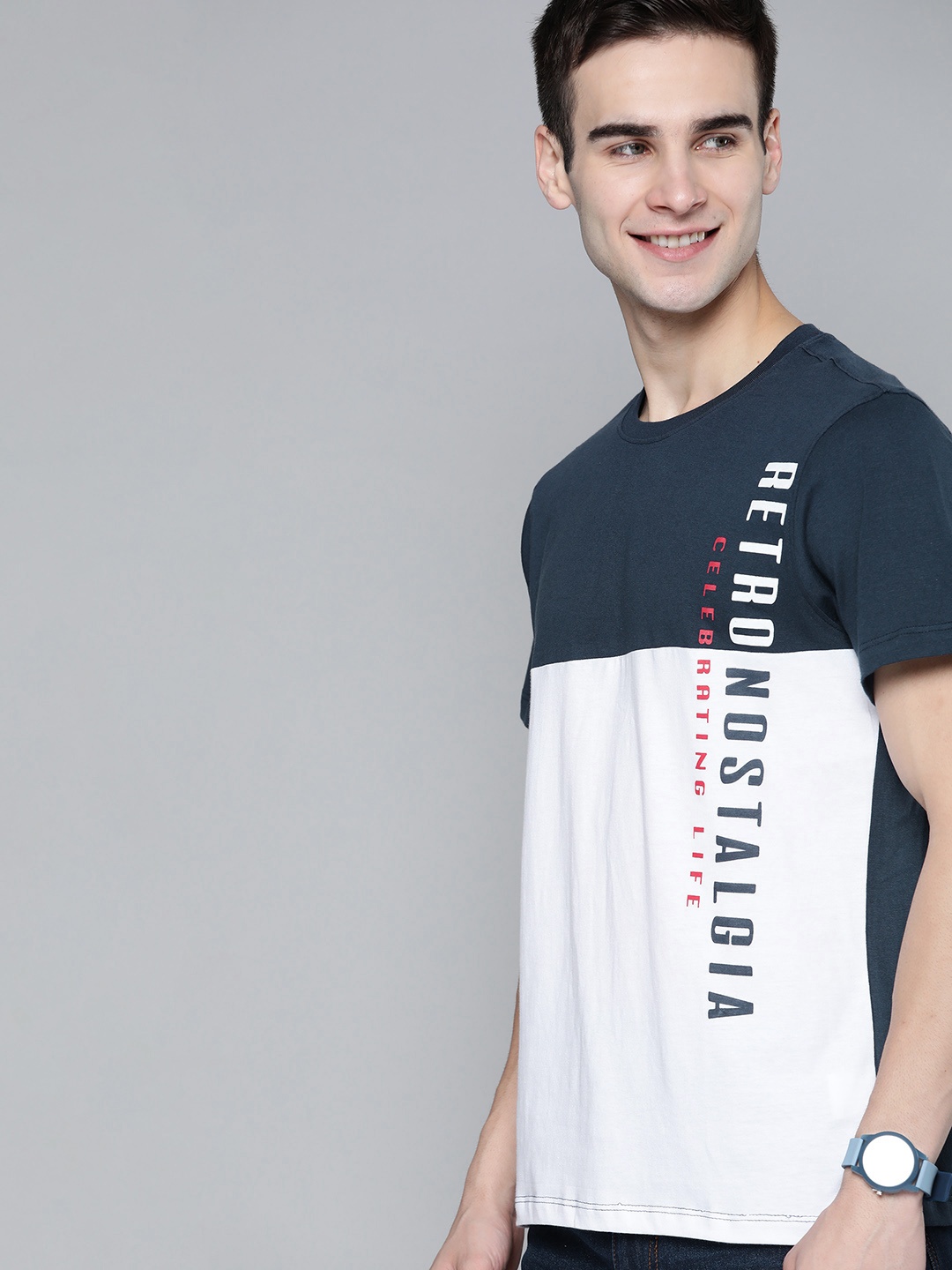 

Mast & Harbour Men Navy Blue & White Typography Print Cotton T-shirt