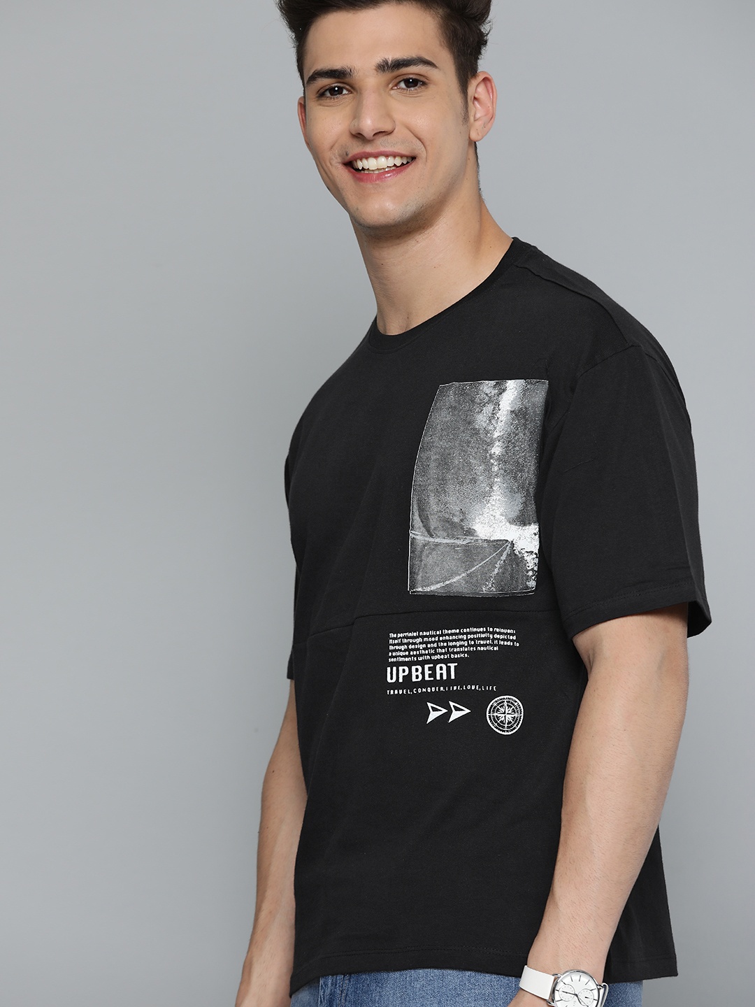 

Mast & Harbour Men Black Typography Printed Pure Cotton T-shirt