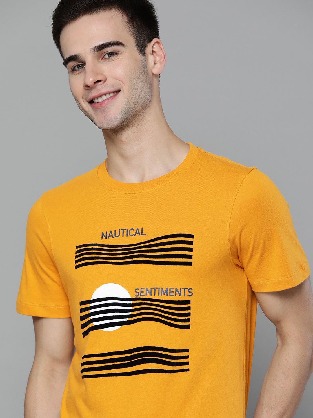 

Mast Harbour Men Mustard Yellow Black Typography Printed Pure Cotton T-shirt