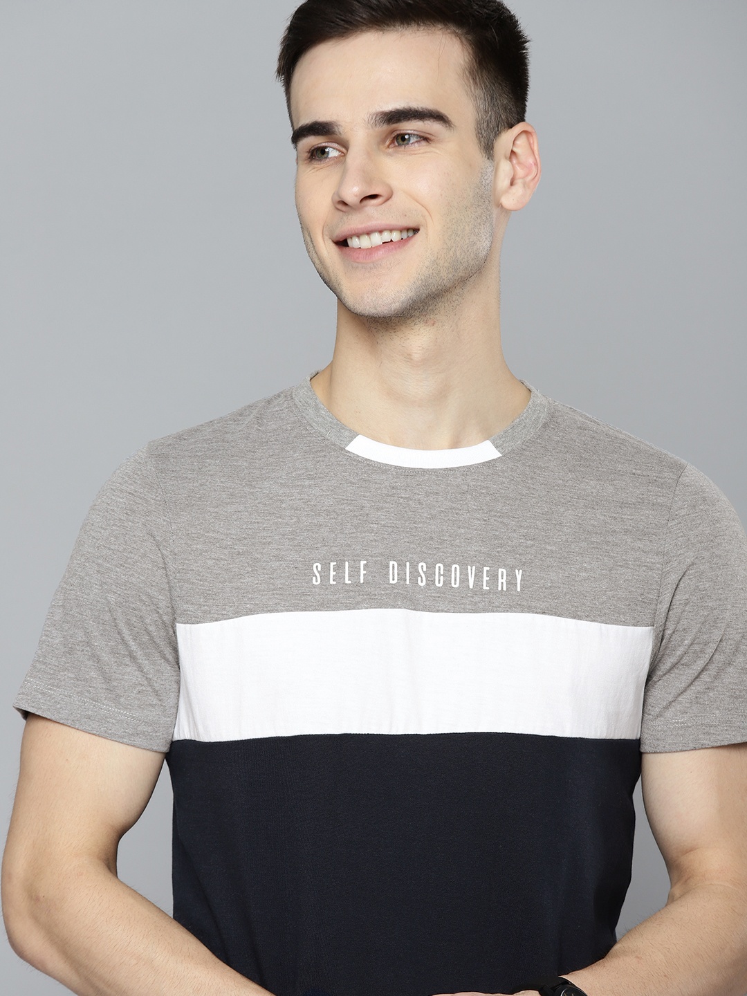 

Mast Harbour Men Navy Blue Grey Melange Colourblocked Pure Cotton T-shirt