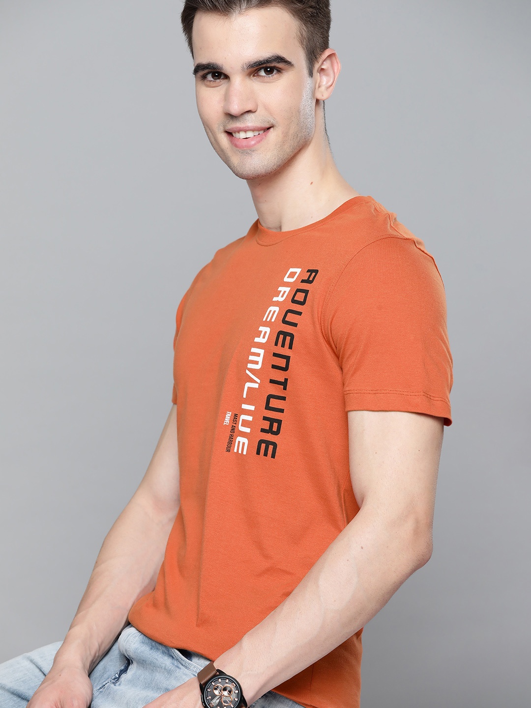 

Mast & Harbour Men Rust Orange & White Typography Printed Pure Cotton T-shirt