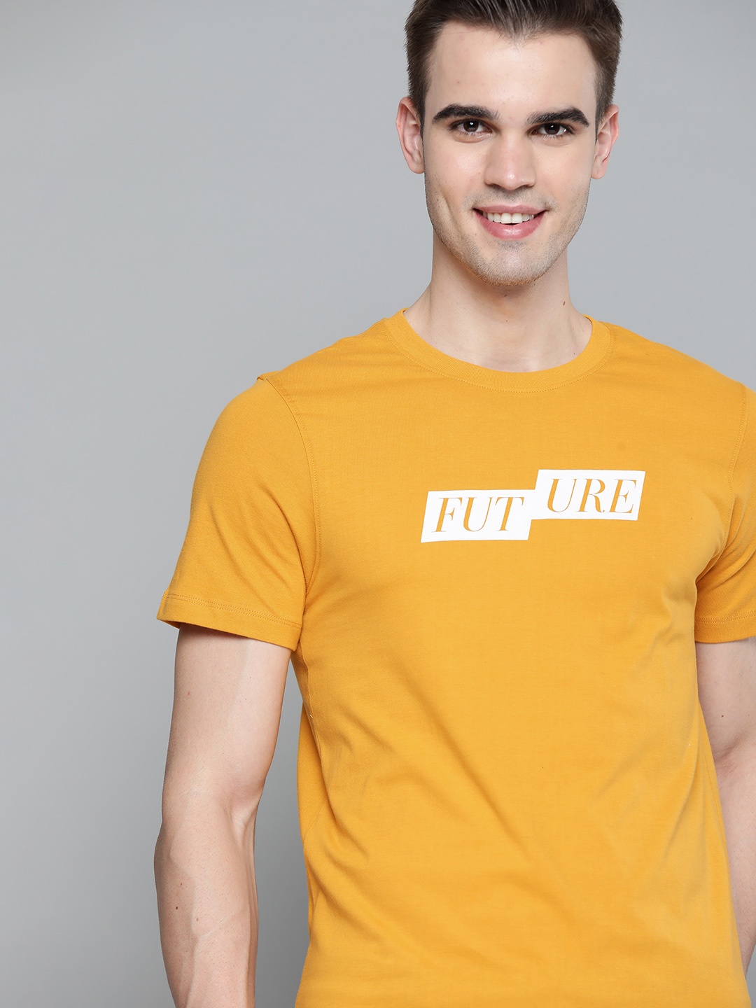 

Mast Harbour Men Mustard Yellow White Pure Cotton Printed Detail Pure Cotton T-shirt