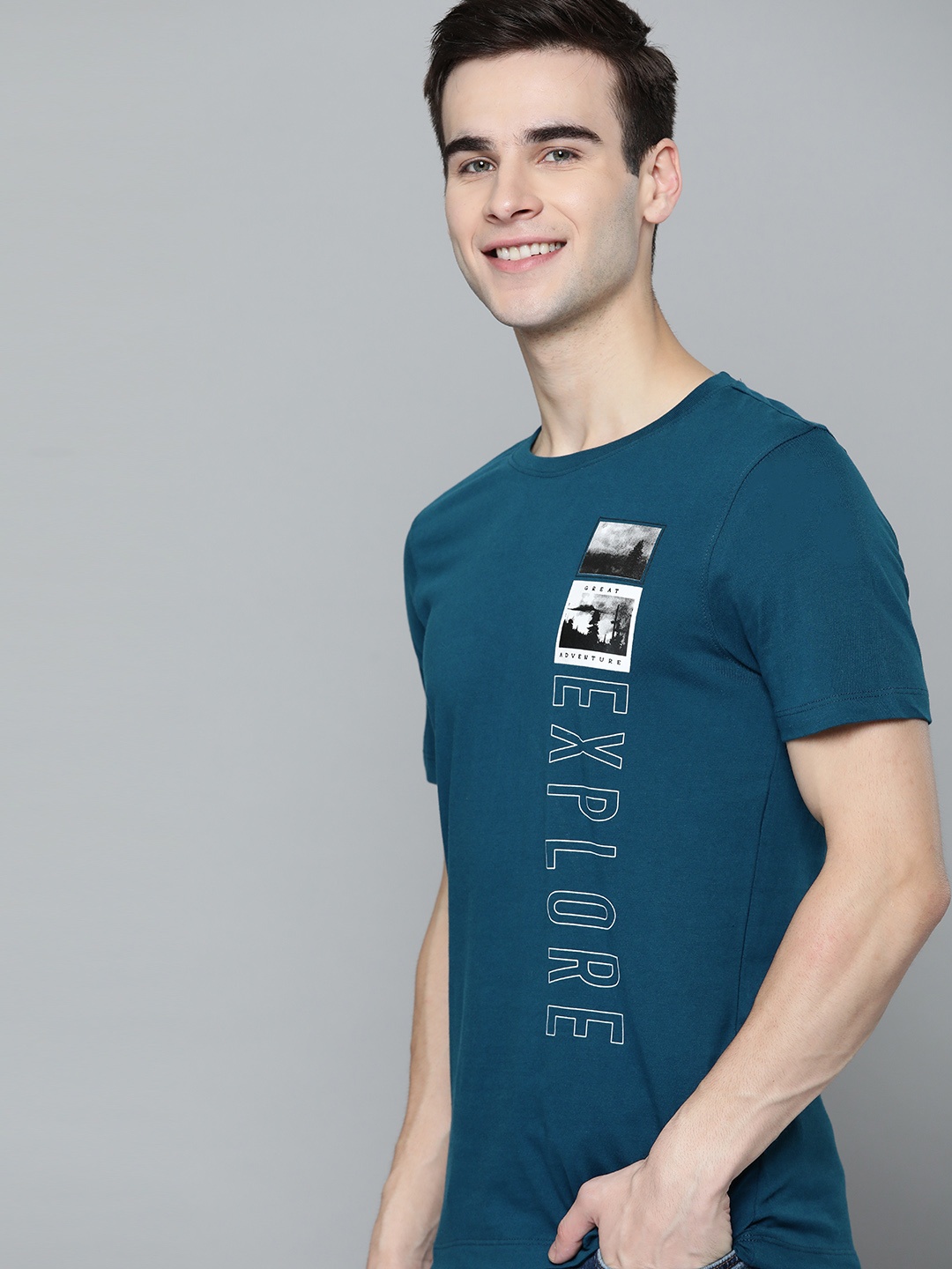 

Mast Harbour Men Teal Blue Printed Pure Cotton T-shirt