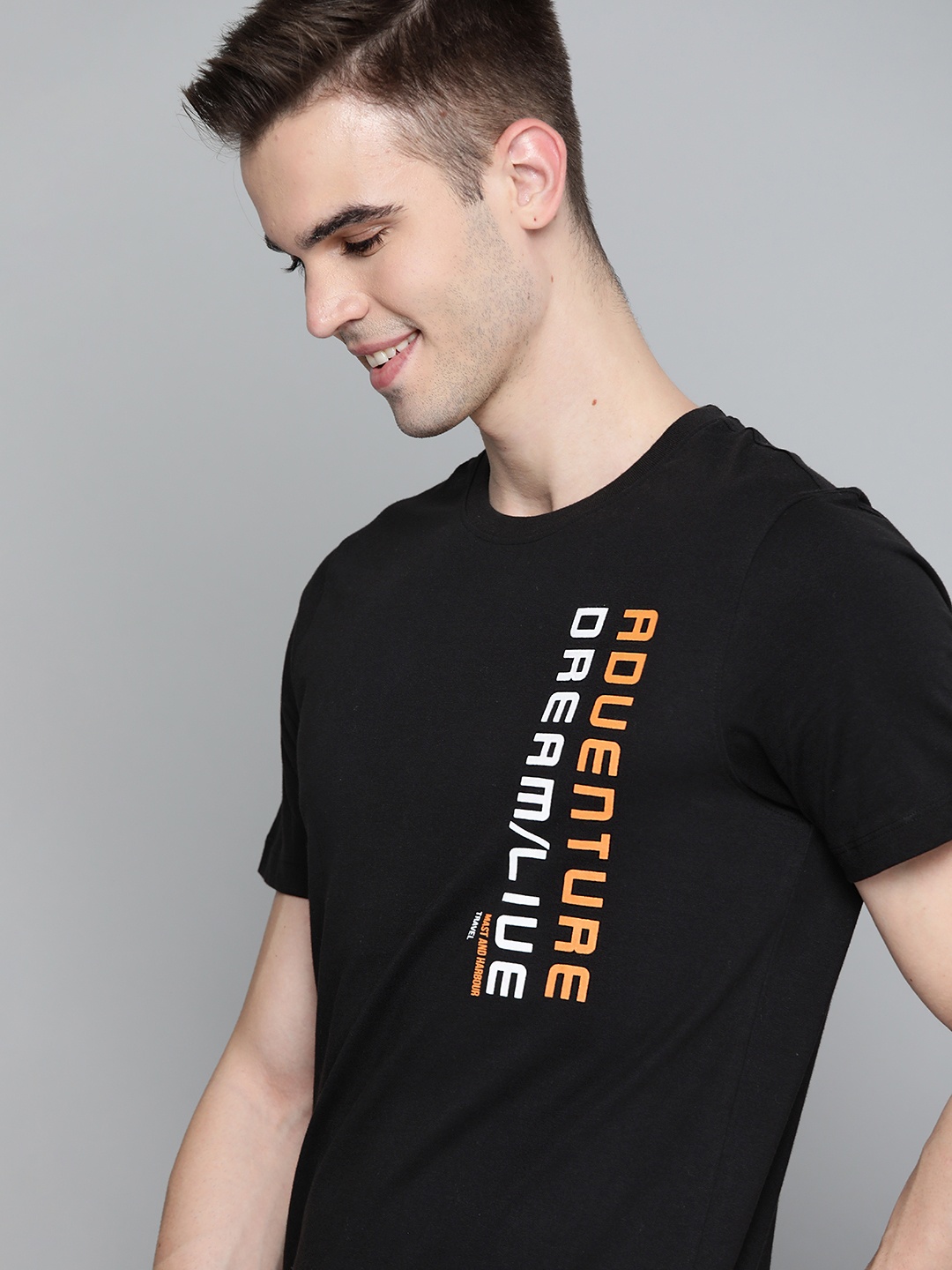 

Mast & Harbour Men Black & White Typography Printed Pure Cotton T-shirt