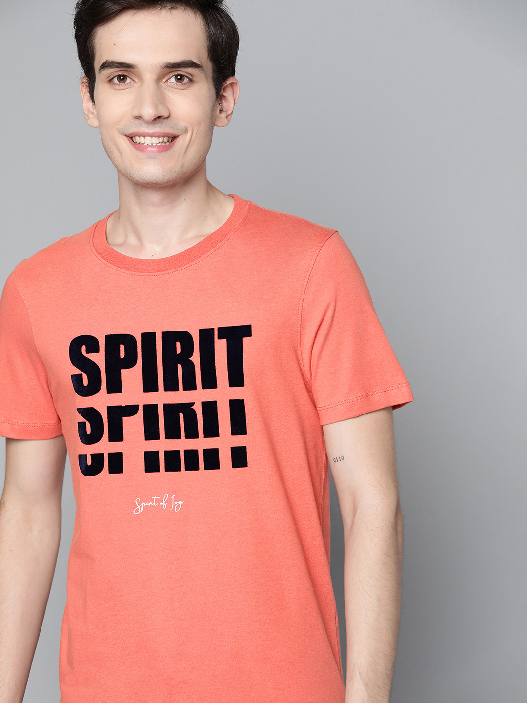 

Mast Harbour Men Coral Orange Black Pure Cotton Flock Print Pure Cotton T-shirt