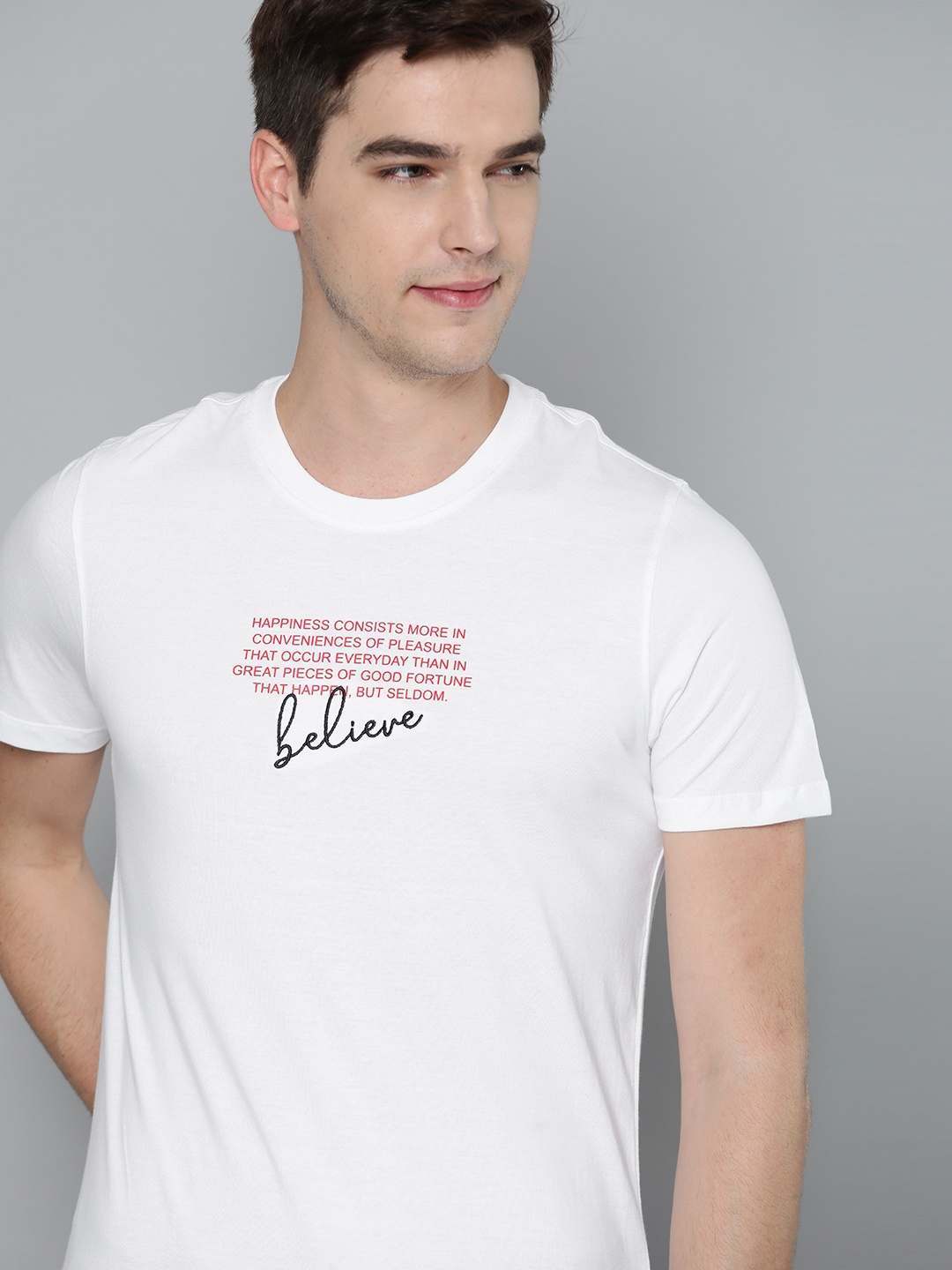 

Mast & Harbour Men White & Red Typography Handcrafted Print Cotton T-shirt