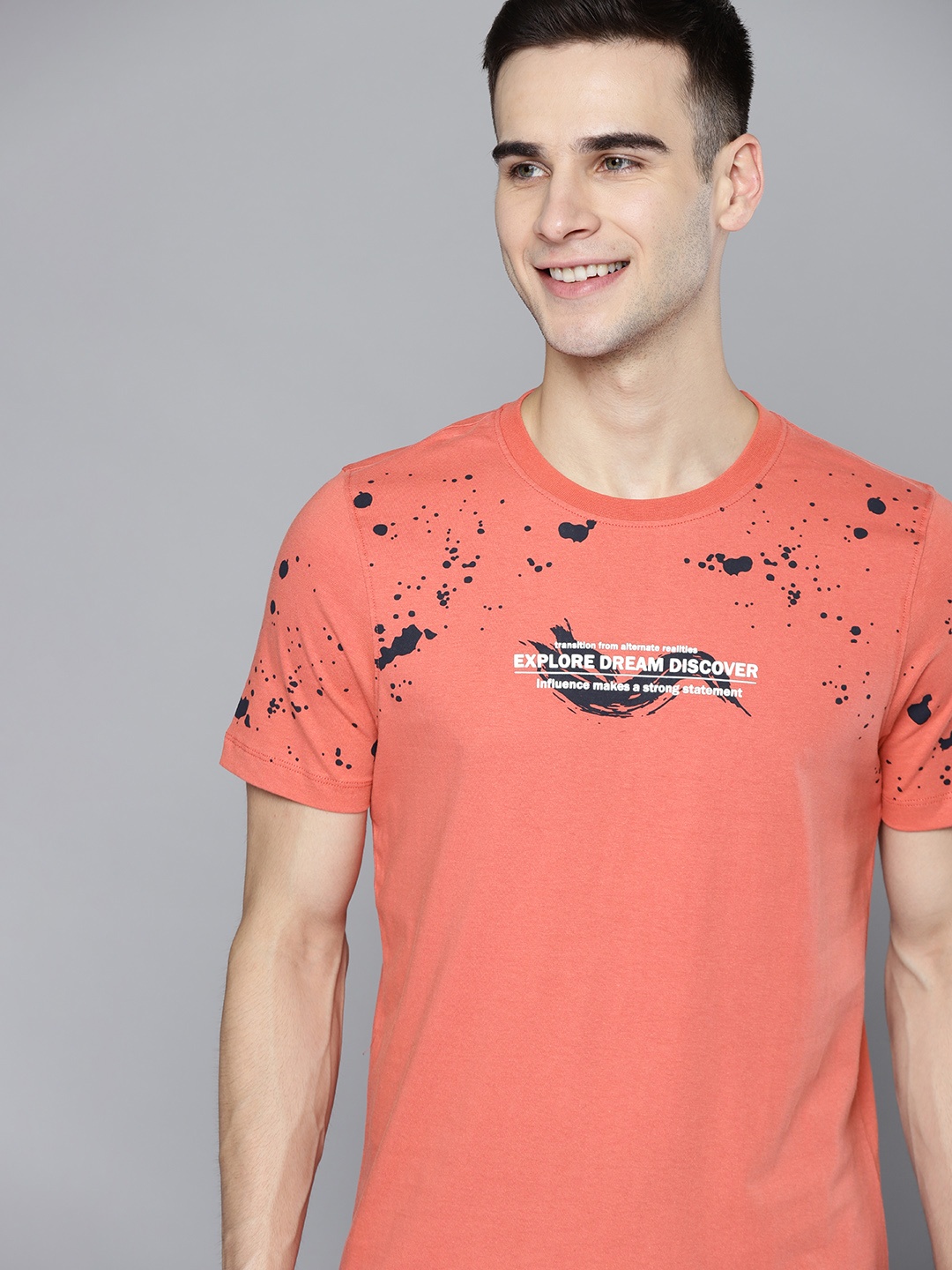 

Mast & Harbour Men Coral Orange Typography Printed Pure Cotton T-shirt