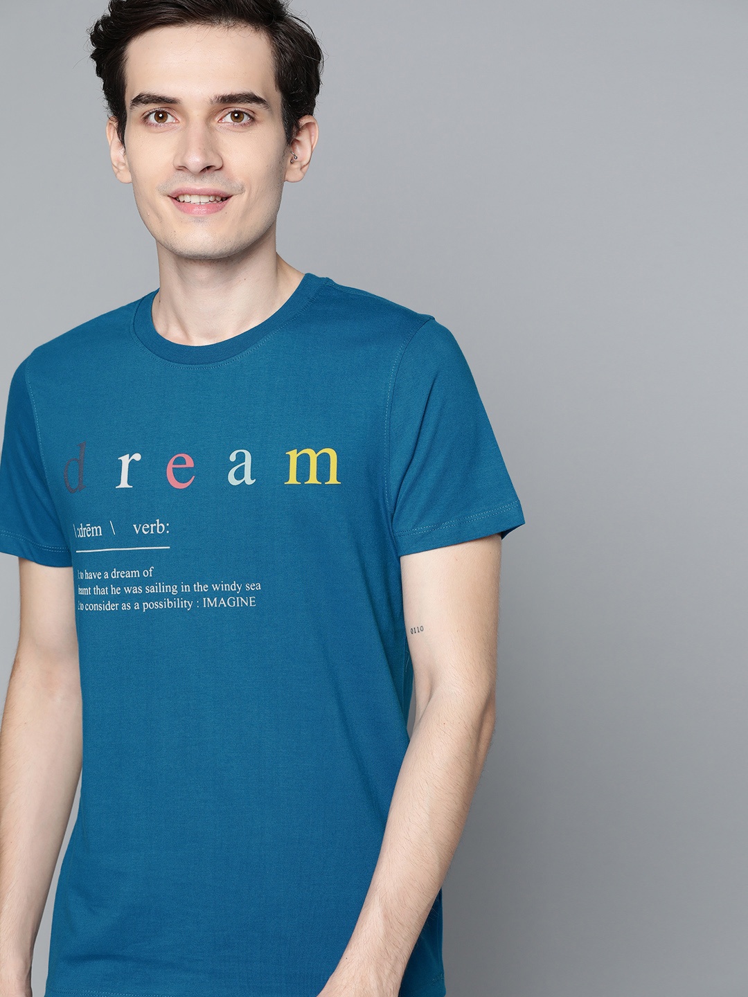 

Mast Harbour Men Teal Blue White Pure Cotton Typography Printed Handcrafted Pure Cotton T-shirt
