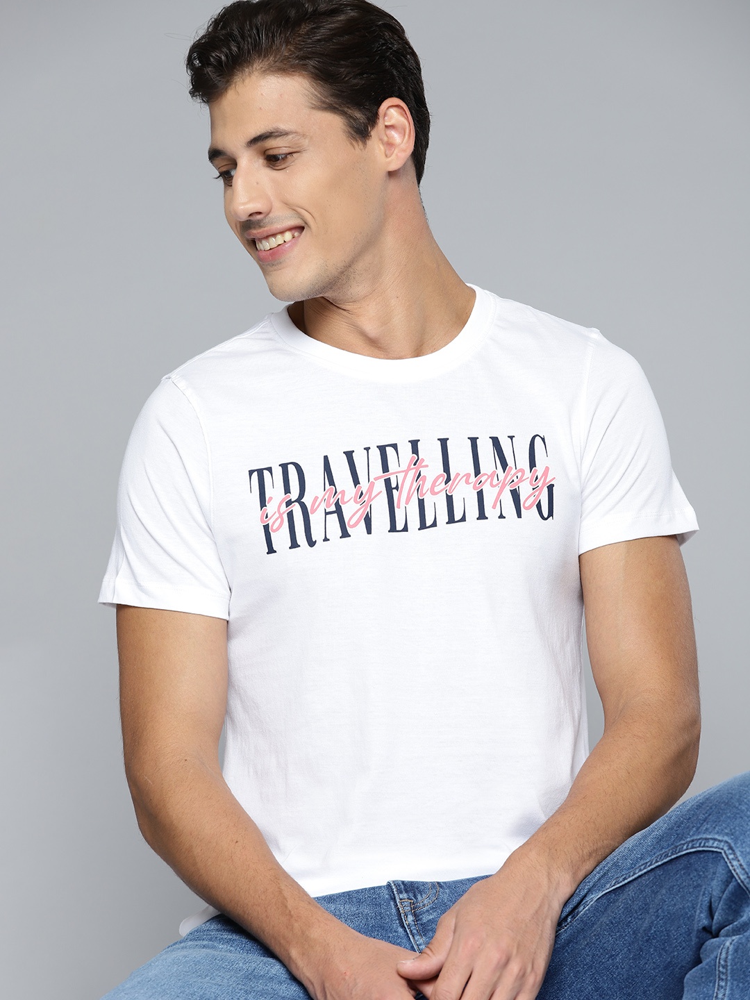 

Mast & Harbour Men White & Navy Blue Cotton Typography Printed T-shirt
