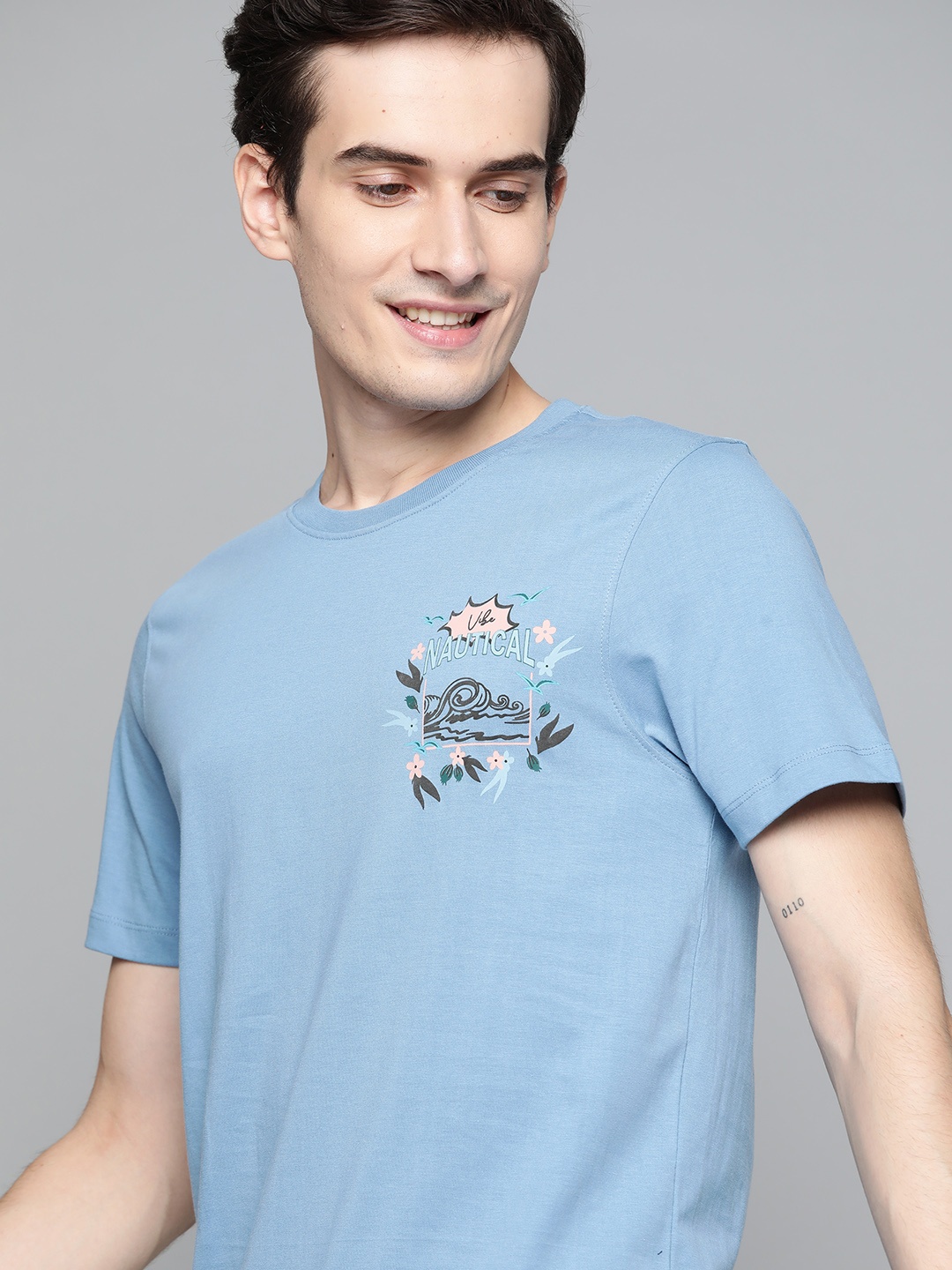 

Mast & Harbour Men Blue Cotton Handcrafted T-shirt with Printed Detail