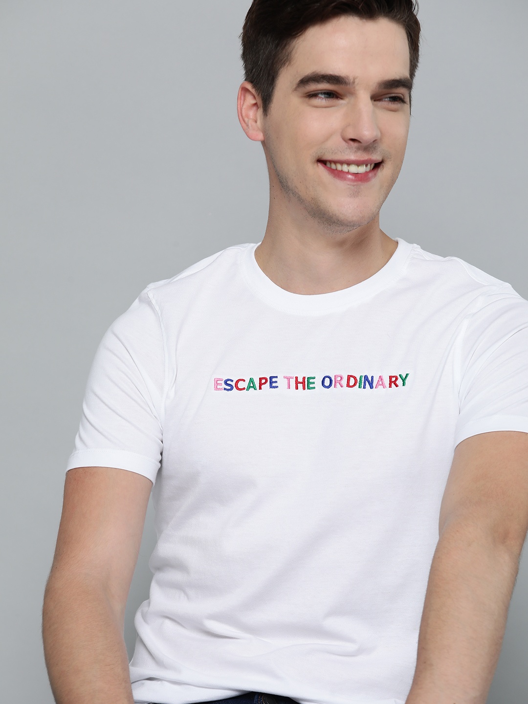 

Mast & Harbour Men White Typography Embroidered Cotton Handcrafted T-shirt