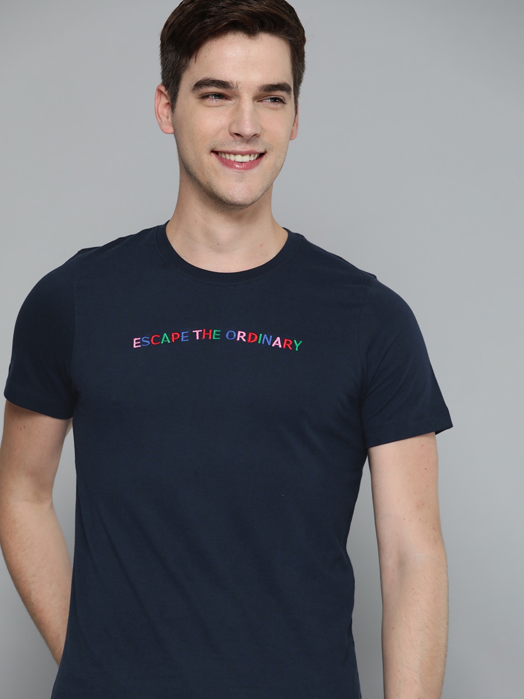 

Mast & Harbour Men Navy Blue Cotton Embroidered Detail T-shirt