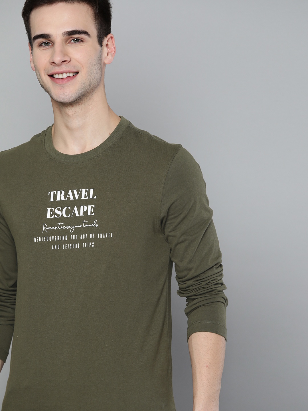 

Mast Harbour Men Olive Green Typography Printed Pure Cotton T-shirt