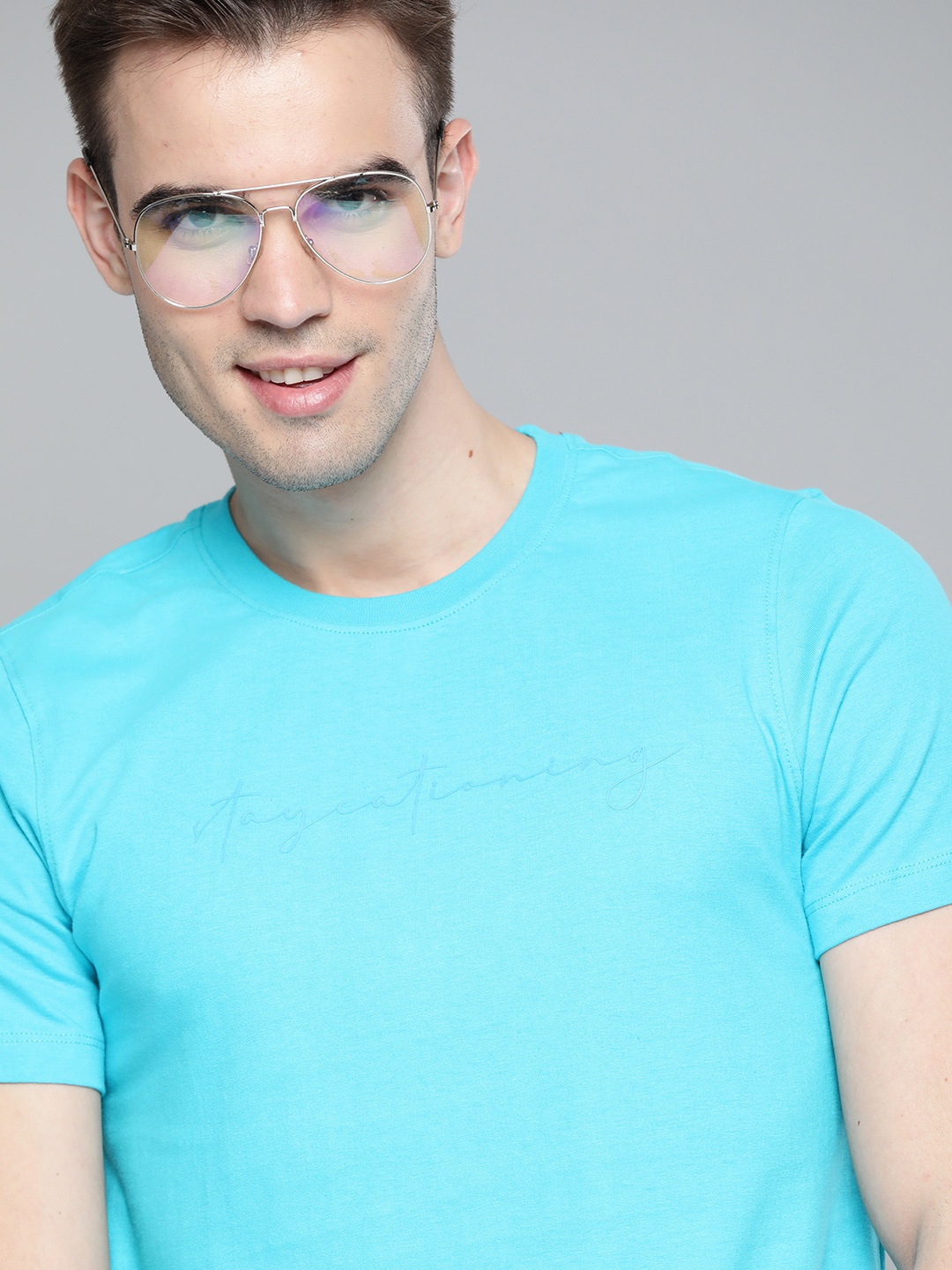 

Mast & Harbour Men Blue Embossed Print Detail Pure Cotton T-shirt