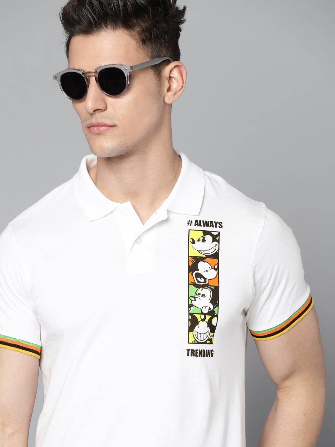 

Kook N Keech Disney Men White Cotton Mickey Mouse Print Polo Collar T-shirt