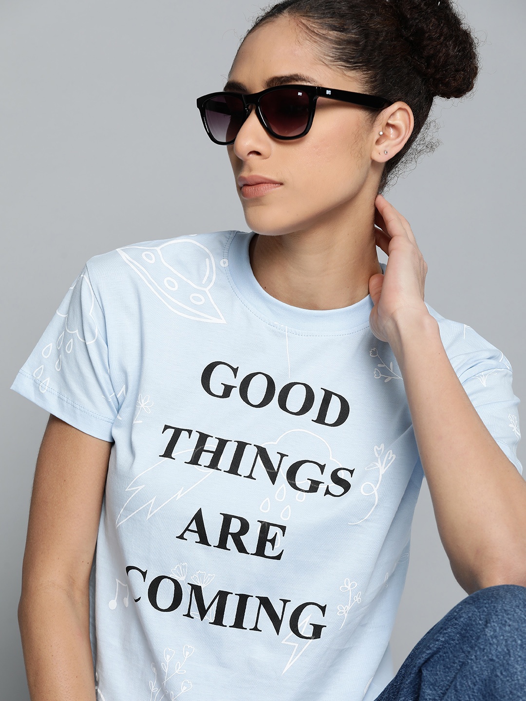

Kook N Keech Women Blue Black Pure Cotton Typography Printed Pure Cotton T-shirt