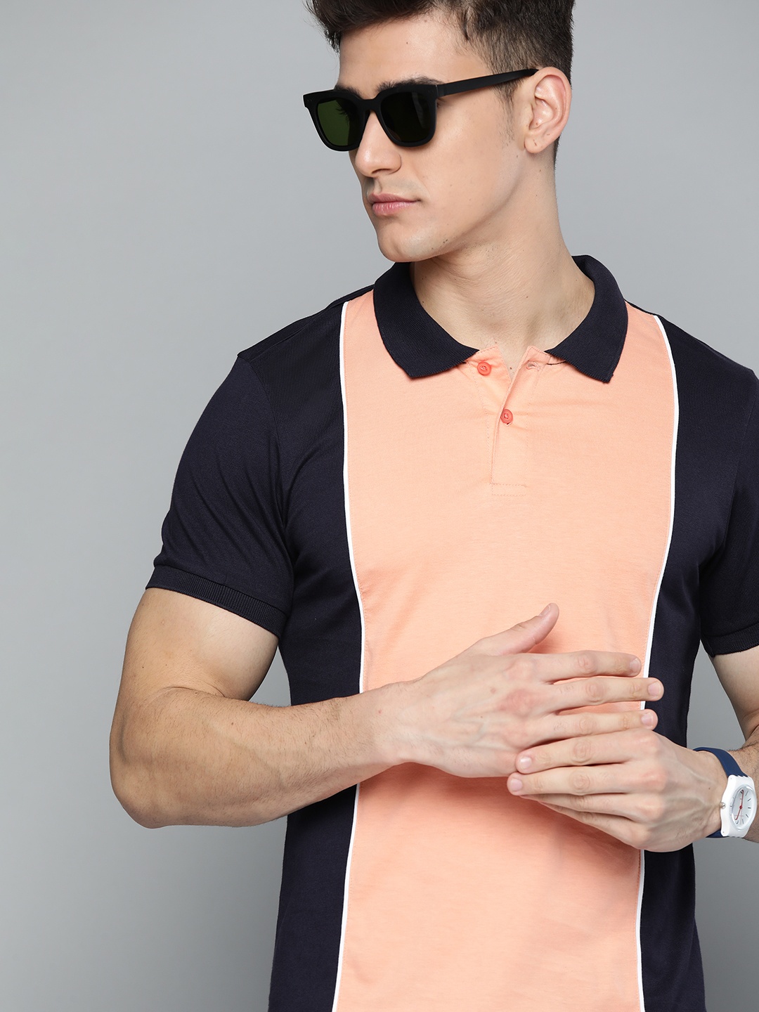 

Kook N Keech Men Navy Blue & Peach-Coloured Colourblocked Polo Collar T-shirt