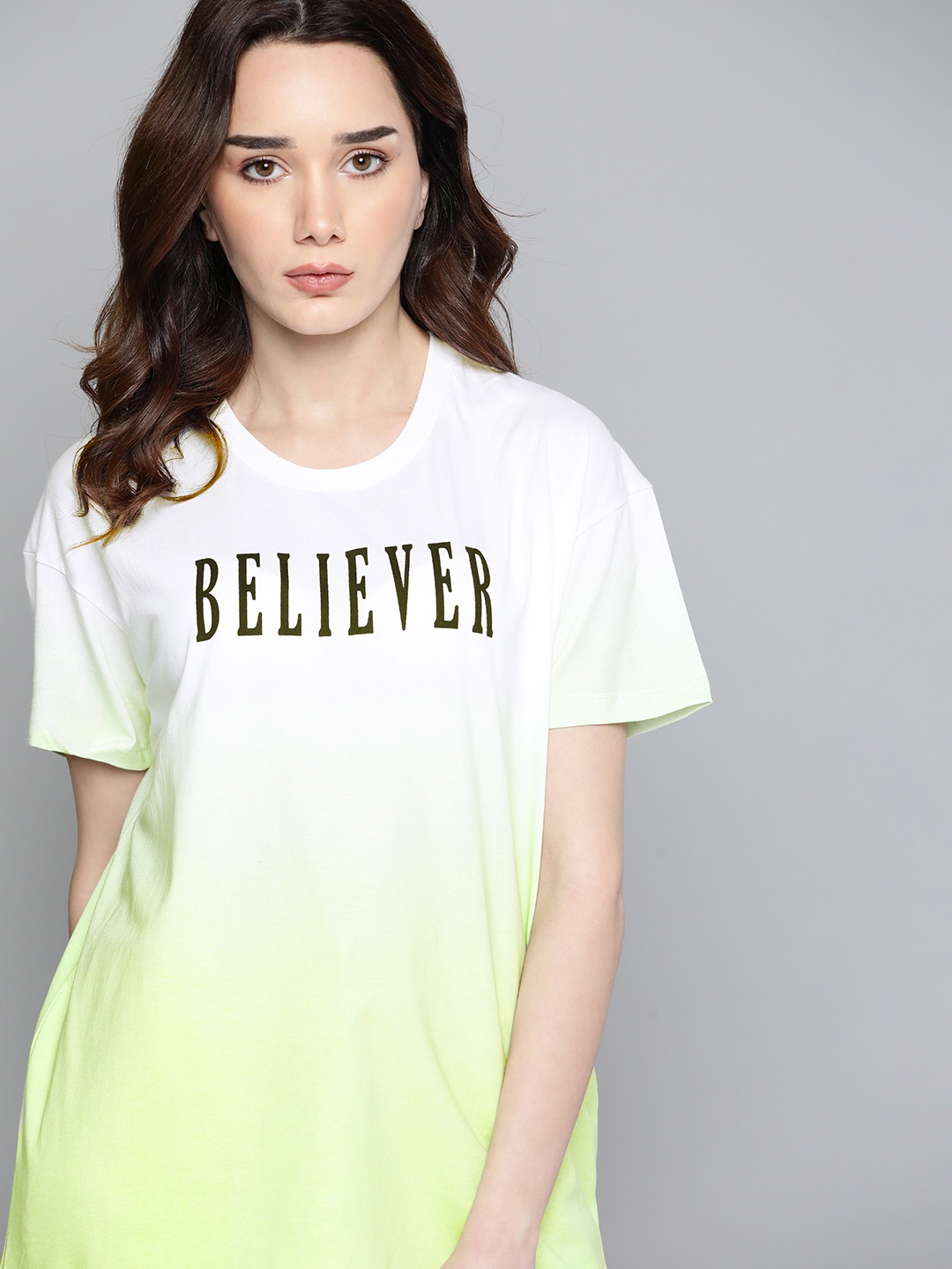 

Kook N Keech Women White & Green Pure Cotton Typography Print Oversized Ombre T-shirt