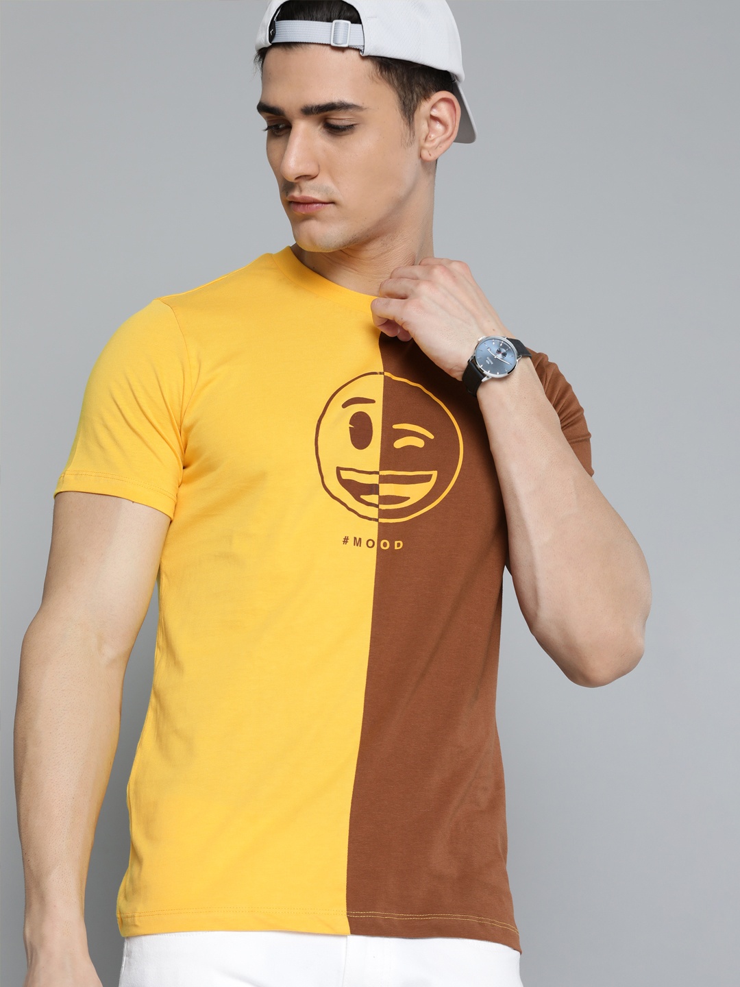 

Kook N Keech Emoji Men Yellow & Brown Colourblocked Pure Cotton T-shirt