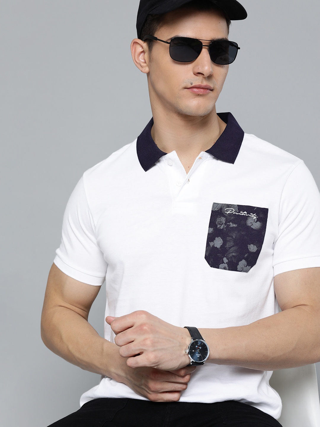

Kook N Keech Men White & Navy Blue Pure Cotton Polo Collar Pocket Detailing T-shirt