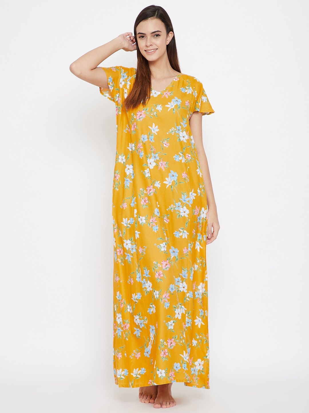 

The Kaftan Company Women Yellow Floral Print Nighty