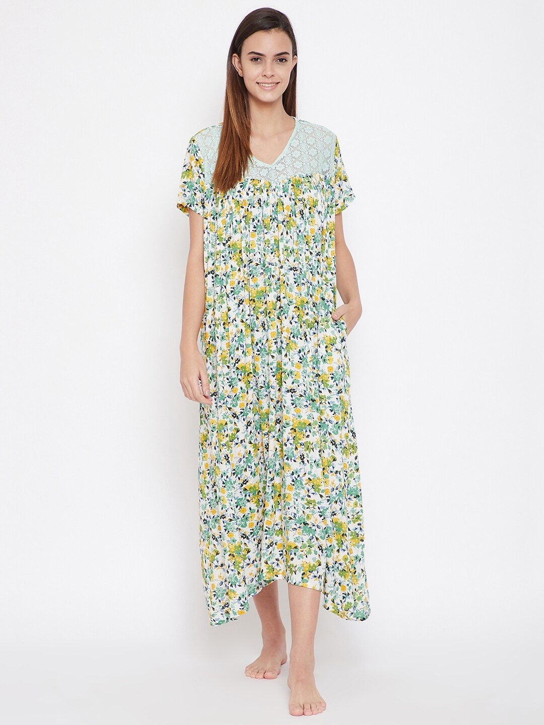 

The Kaftan Company Women White& Green Printed Yoke Design Viscose Rayon Maxi Nightdress