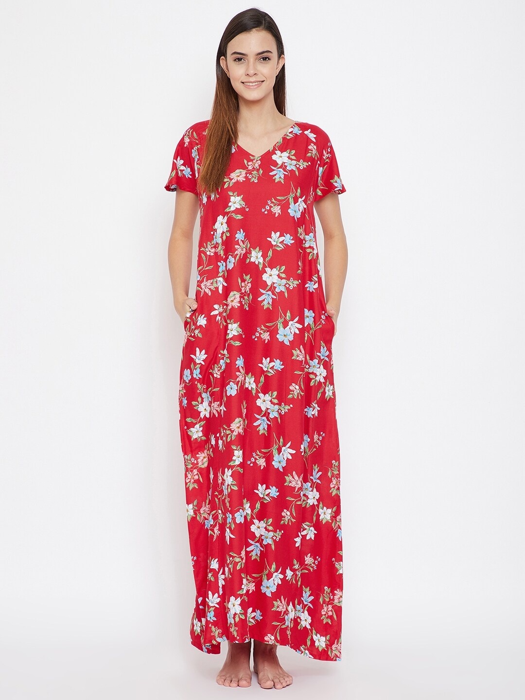 

The Kaftan Company Women Red Floral Print Nightdress