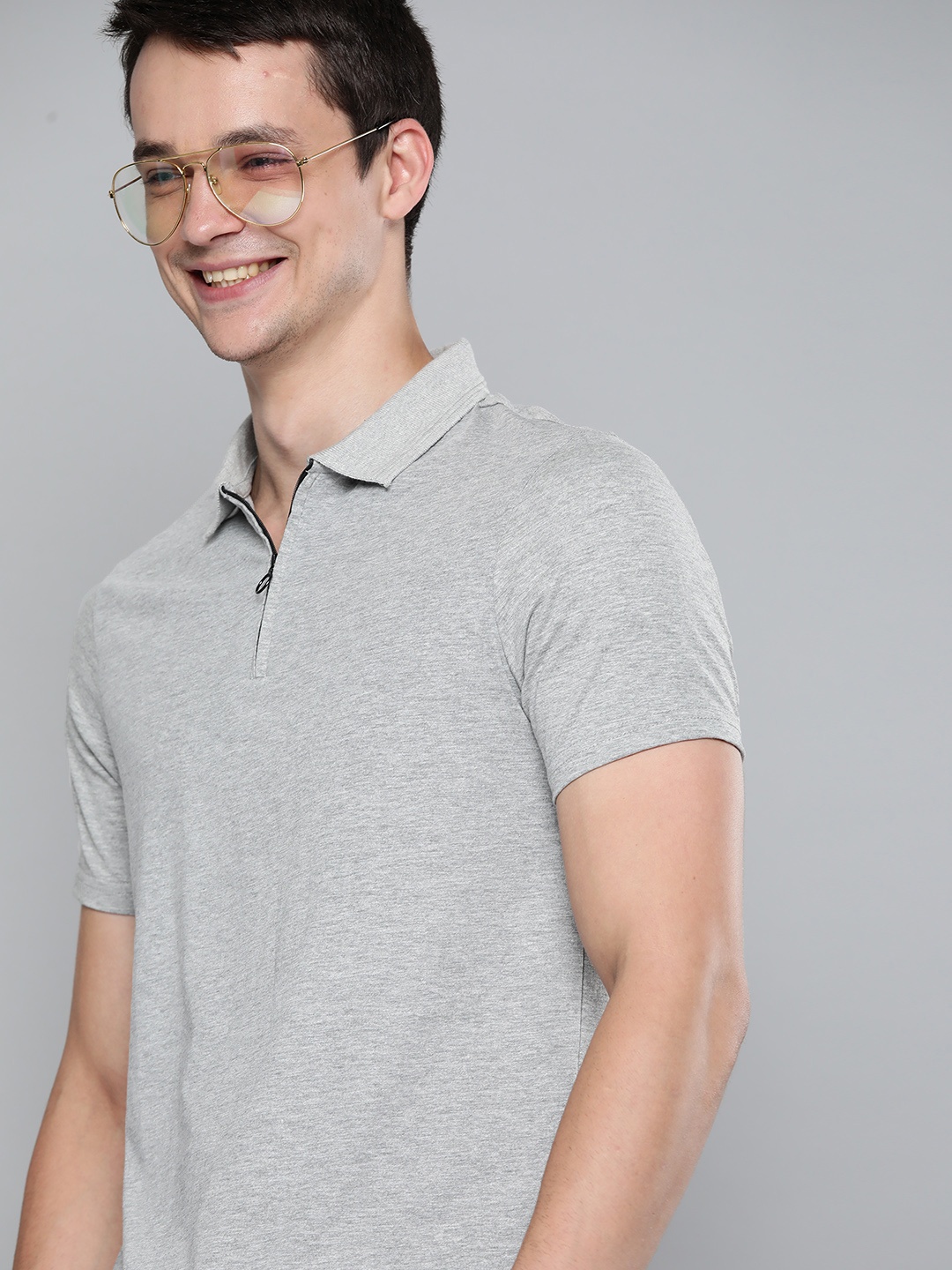 

Mast & Harbour Men Grey Melange Solid Polo Collar T-shirt