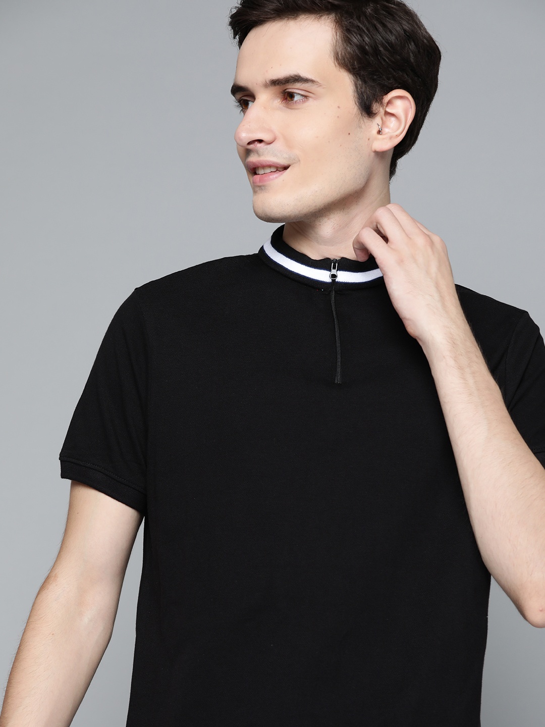 

Mast Harbour Men Black Pure Cotton Stand Collar Pure Cotton T-shirt