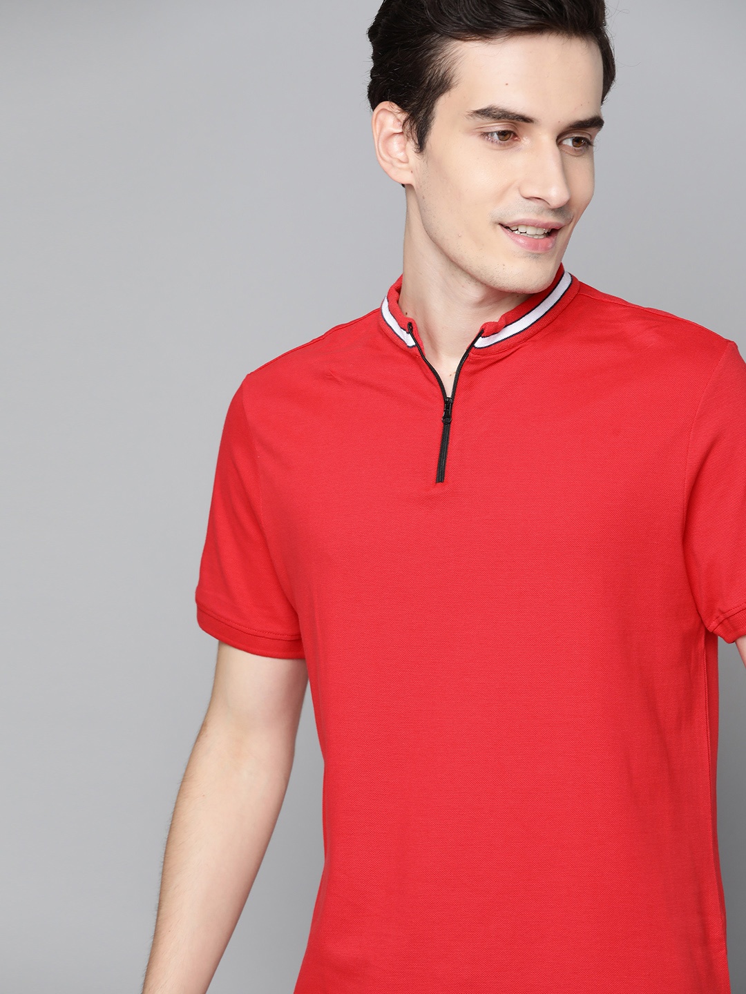 

Mast Harbour Men Red Pure Cotton Stand Collar Pure Cotton T-shirt