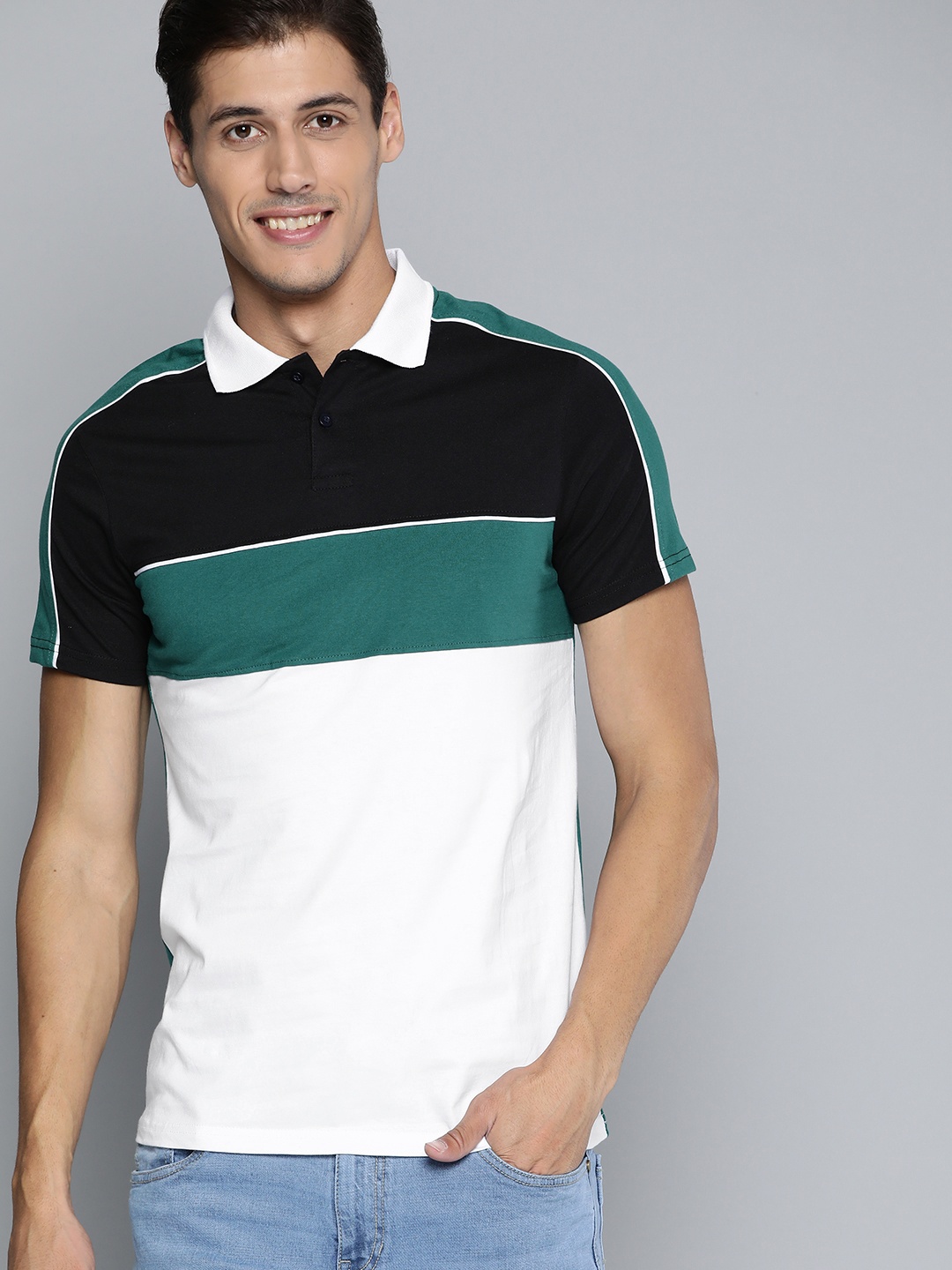 

Mast & Harbour Men White & Black Colourblocked Cotton Polo Collar T-shirt